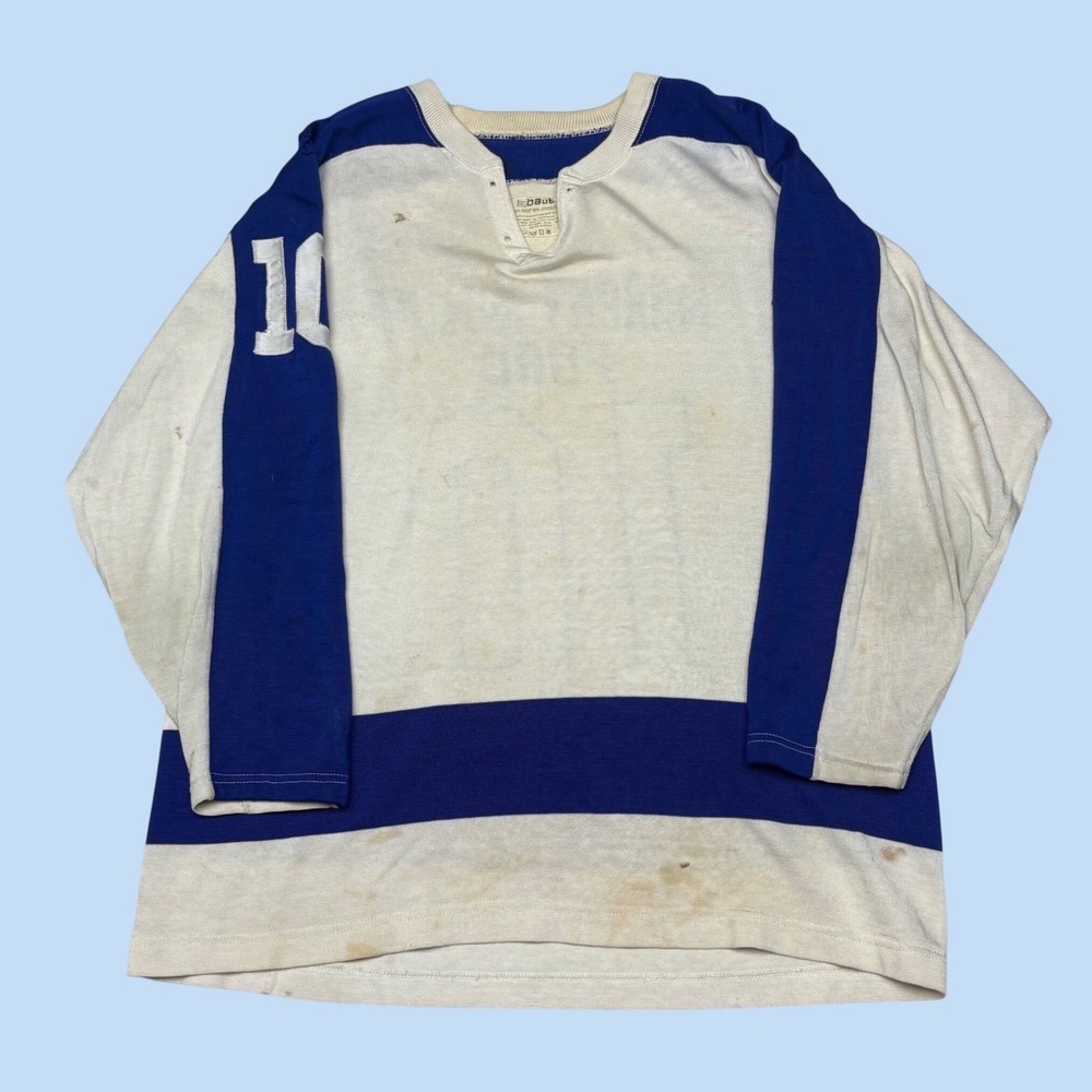 Vintage Bauer Murphy Motor Ford Hockey Jersey Blue White Made in Canada 10 Mens